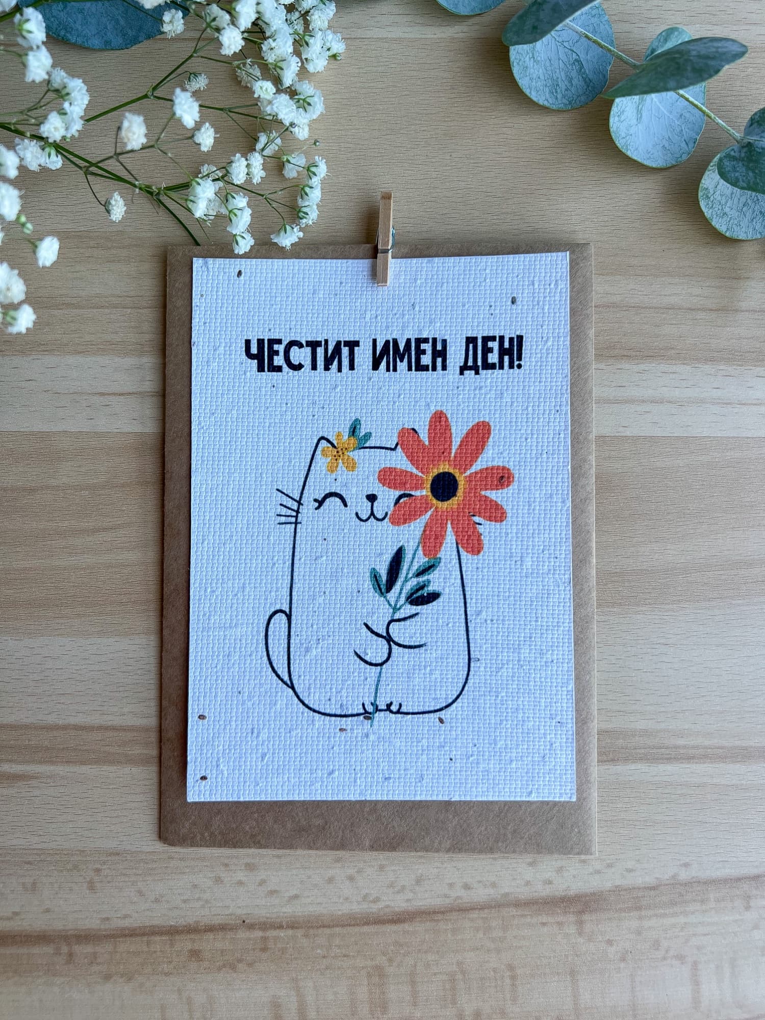 Честит имен ден – коте с цвете